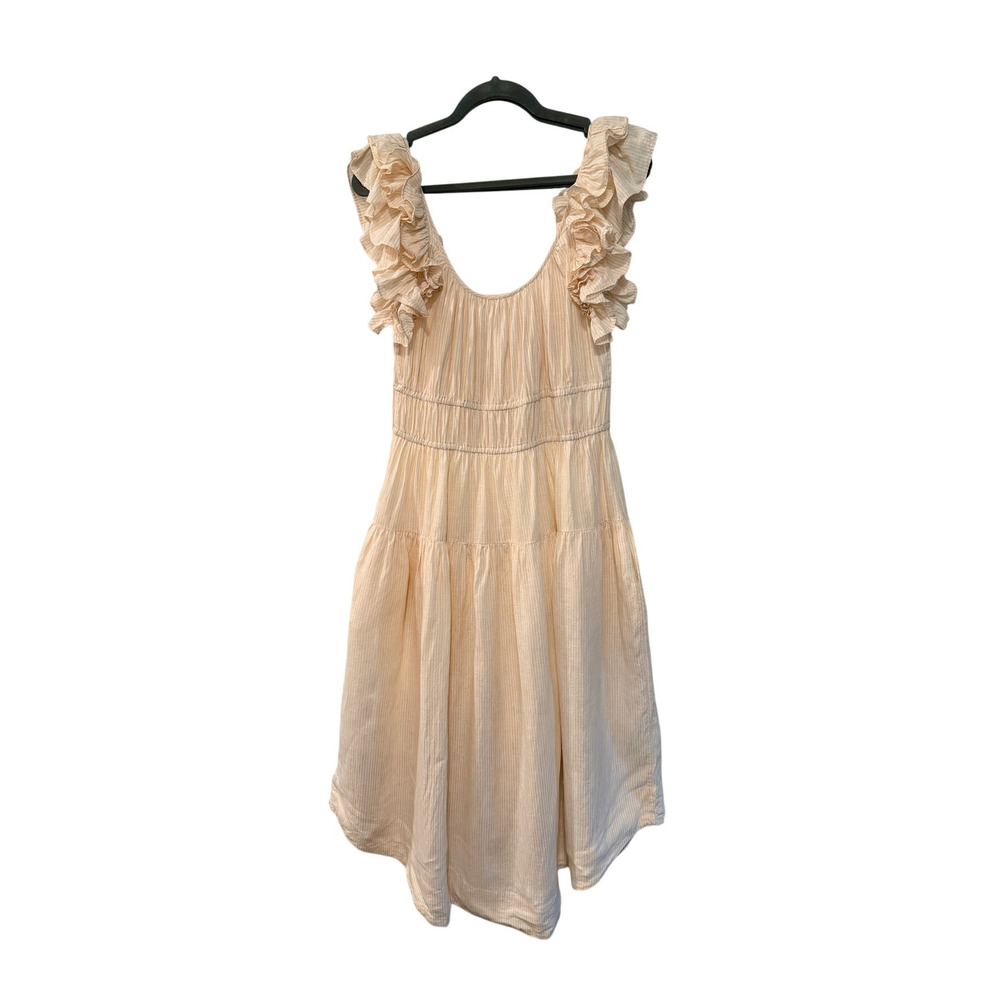 Ulla Johnson 8 Linen Rissa Midi Dress $525 Ruffle Puff Sleeve Smocked Waist Tan - Picture 5 of 11
